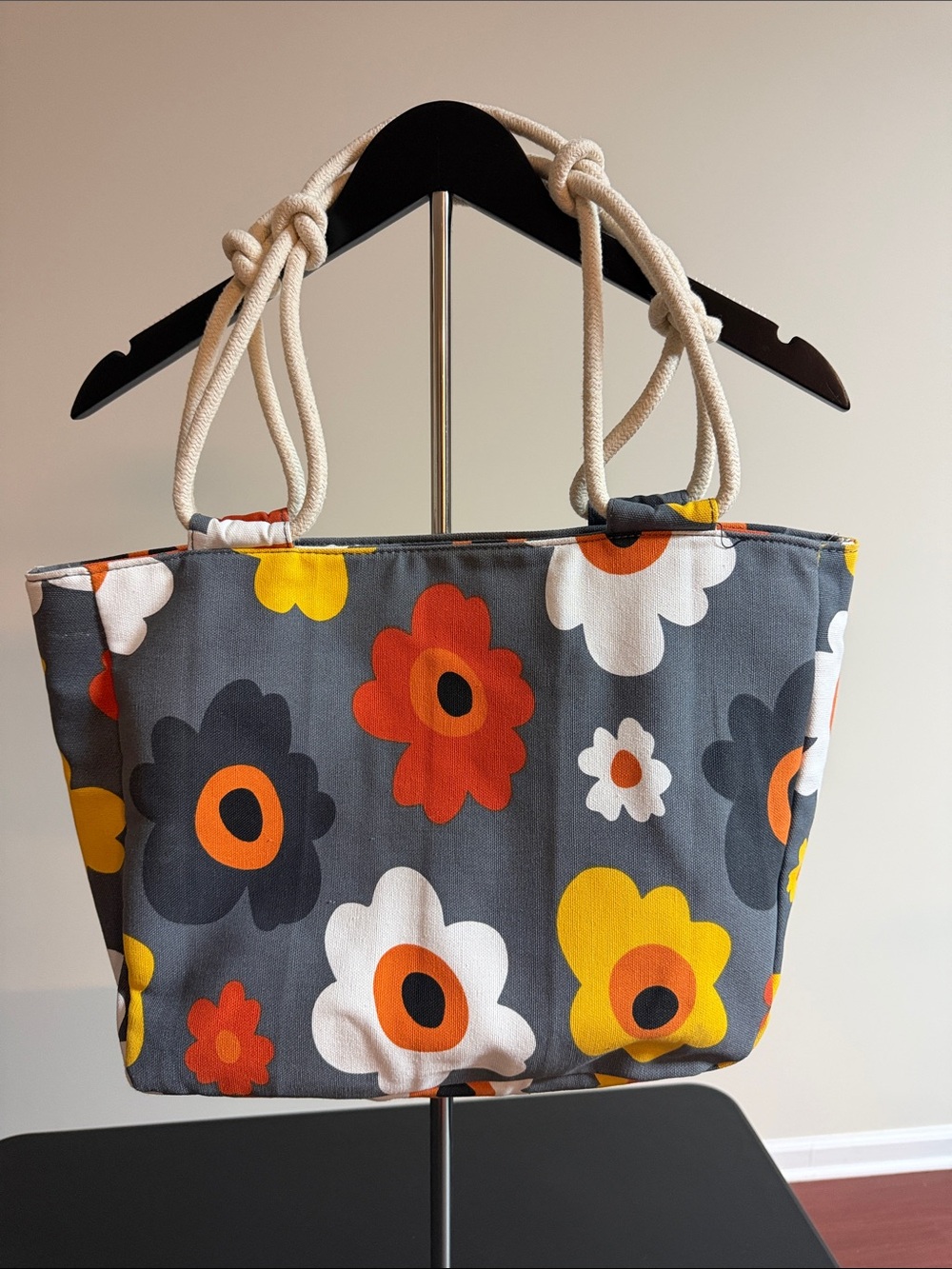 Floral Canvas Rope-Handle Tote in Gray, Orange, Yellow & White